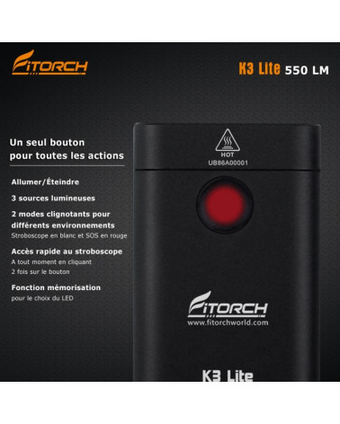 Lampe Fitorch K3 Lite noire compacte, 3 LED (blanche, rouge, UV), rechargeable par USB Lampe Fitorch K3 Lite noire compacte, 3 LED (blanche, rouge, UV), rechargeable par USB