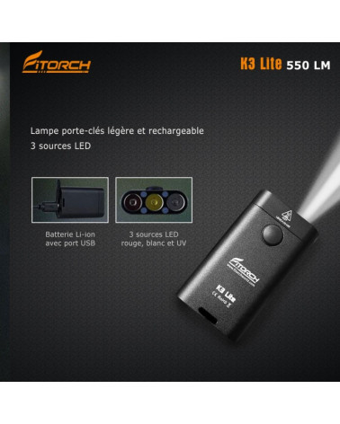 Lampe Fitorch K3 Lite noire compacte, 3 LED (blanche, rouge, UV), rechargeable par USB Lampe Fitorch K3 Lite noire compacte, 3 LED (blanche, rouge, UV), rechargeable par USB