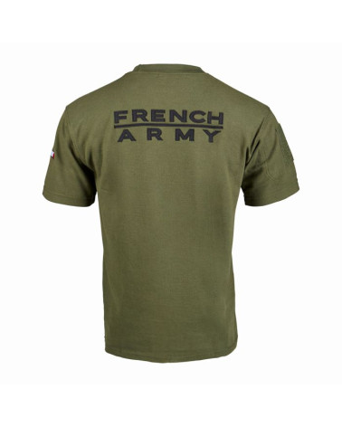T-shirt French Army Kaki - A.R.E.S : Style militaire en polycoton, broderie "FRENCH ARMY", drapeau français, poche zippée.