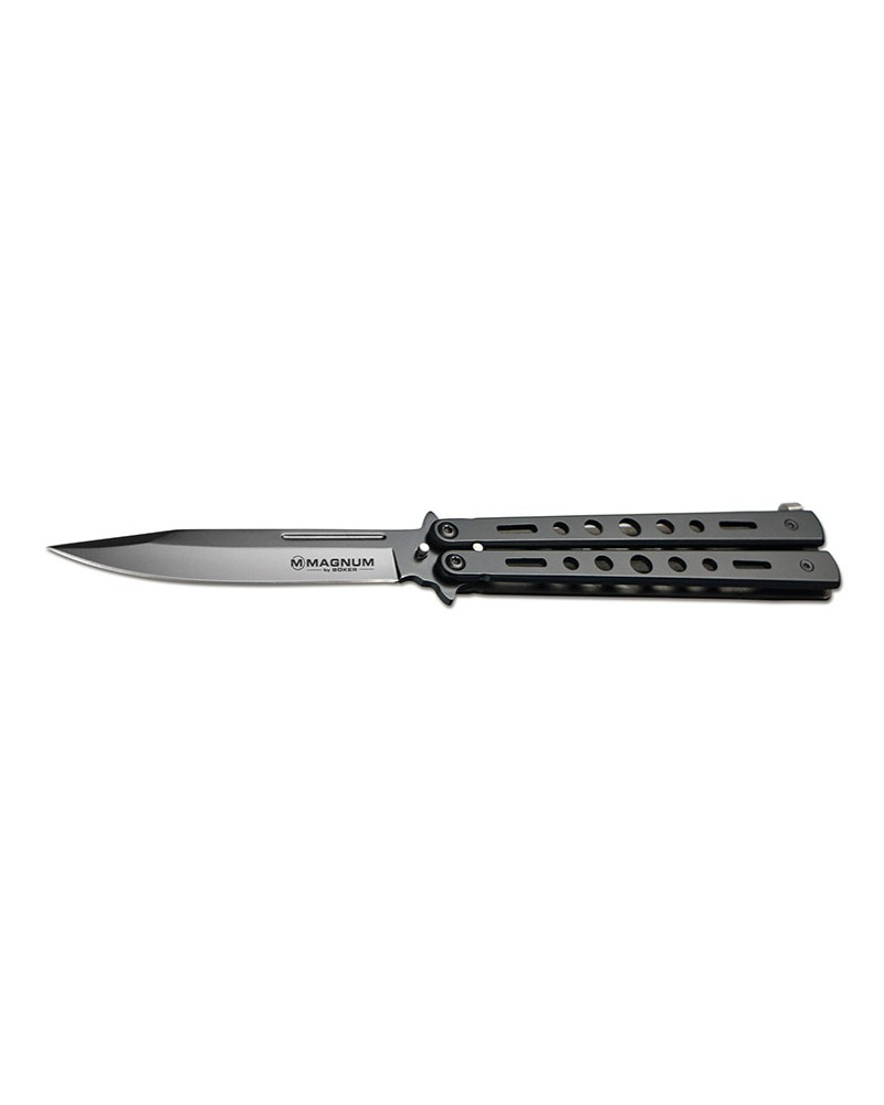 Couteau Balisong All Black - Böker Magnum, lame en acier inoxydable et manche ergonomique noir. Couteau Balisong All Black - Böker Magnum, lame en acier inoxydable et manche ergonomique noir.