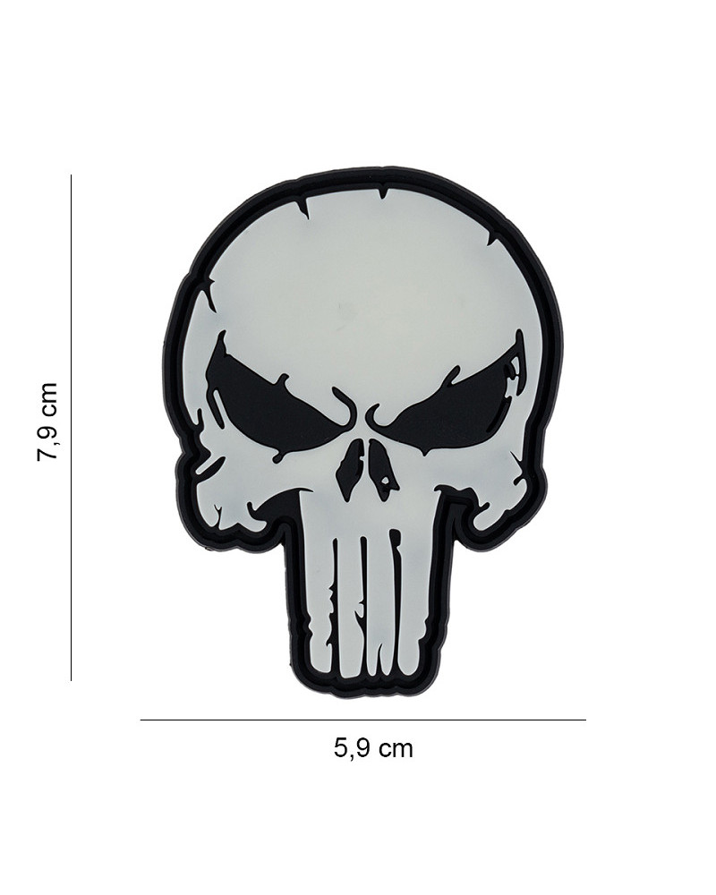 Patch 3D PVC Punisher phosphorescent de 101 INC, fixé sur un gilet tactique