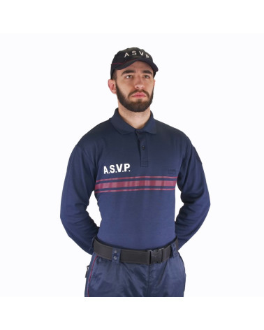 Polo manches longues A.S.V.P Le Protecteur avec marquage avant et dos et bandes bleues réglementaires