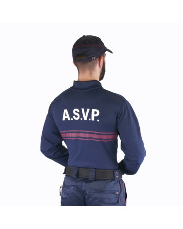 Polo manches longues A.S.V.P Le Protecteur avec marquage avant et dos et bandes bleues réglementaires Polo manches longues A.S.V.P Le Protecteur avec marquage avant et dos et bandes bleues réglementaires