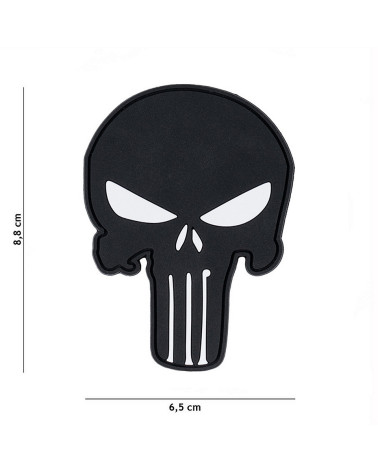 Patch 3D PVC PUNISHER NOIR de 101 INC représentant un crâne noir emblématique sur fond sombre