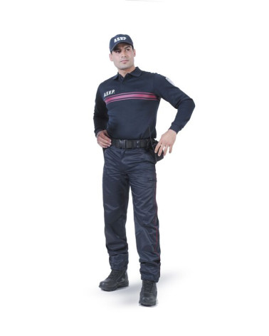 Polo A.S.V.P. manches longues Equipol bleu avec bandes bordeaux et marquage réglementaire