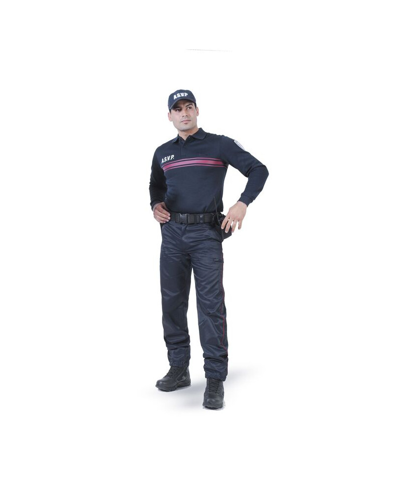 Polo A.S.V.P. manches longues Equipol bleu avec bandes bordeaux et marquage réglementaire Polo A.S.V.P. manches longues Equipol bleu avec bandes bordeaux et marquage réglementaire