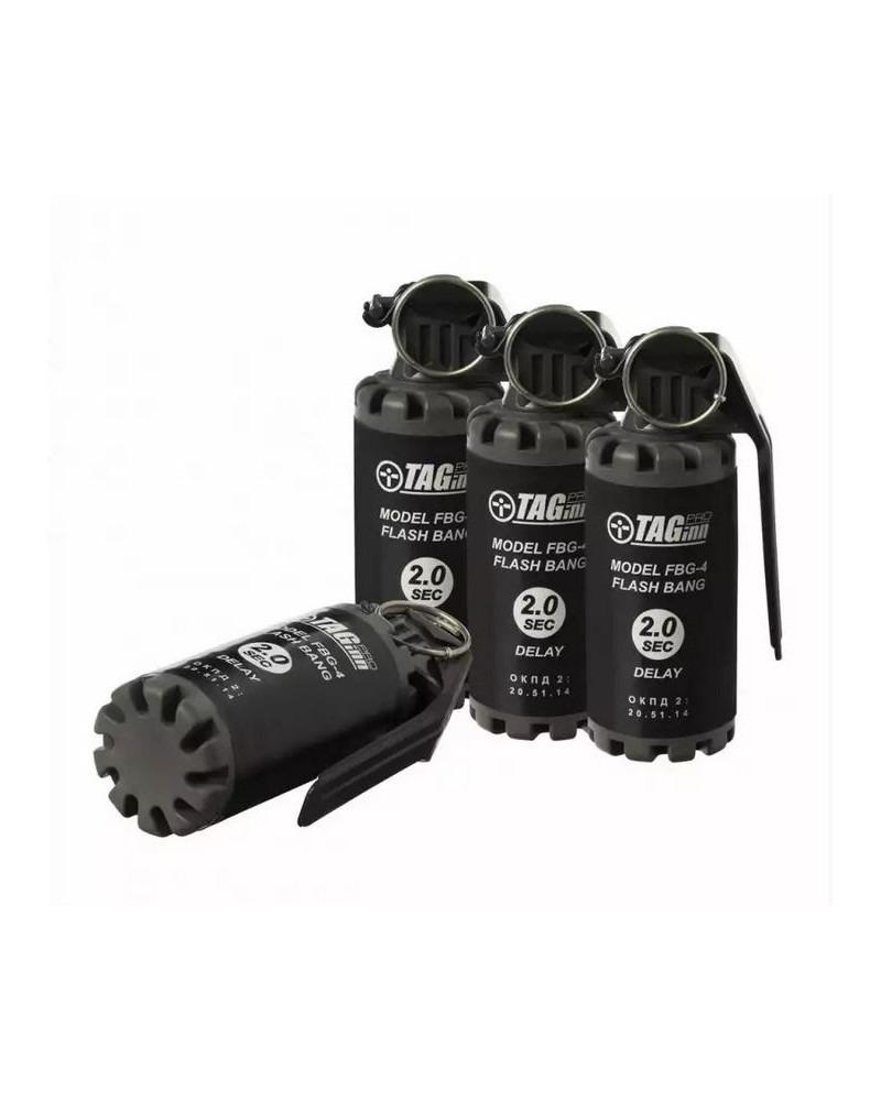 Lot de 6 grenades flash FBG 4 Sonores TAGINN PRO, idéales pour des missions tactiques et des scénarios de sauvetage d'otages. Lot de 6 grenades flash FBG 4 Sonores TAGINN PRO, idéales pour des missions tactiques et des scénarios de sauvetage d'otages.
