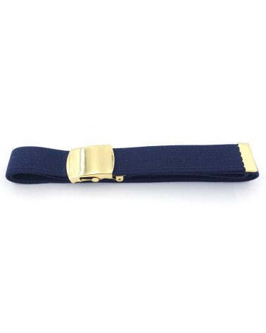 Ceinture sangle bleue avec boucle dorée ajustable en toile coton