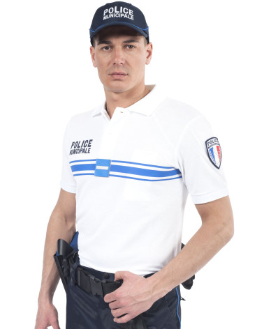 Polo blanc manches courtes Police Municipale 50/50 Equipol avec marquage et velcro pour écussons