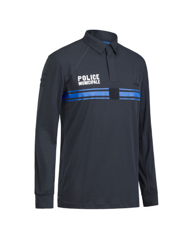 Polo manches longues bleu Police Municipale Dry-TEC® avec marquage et écussons officiels