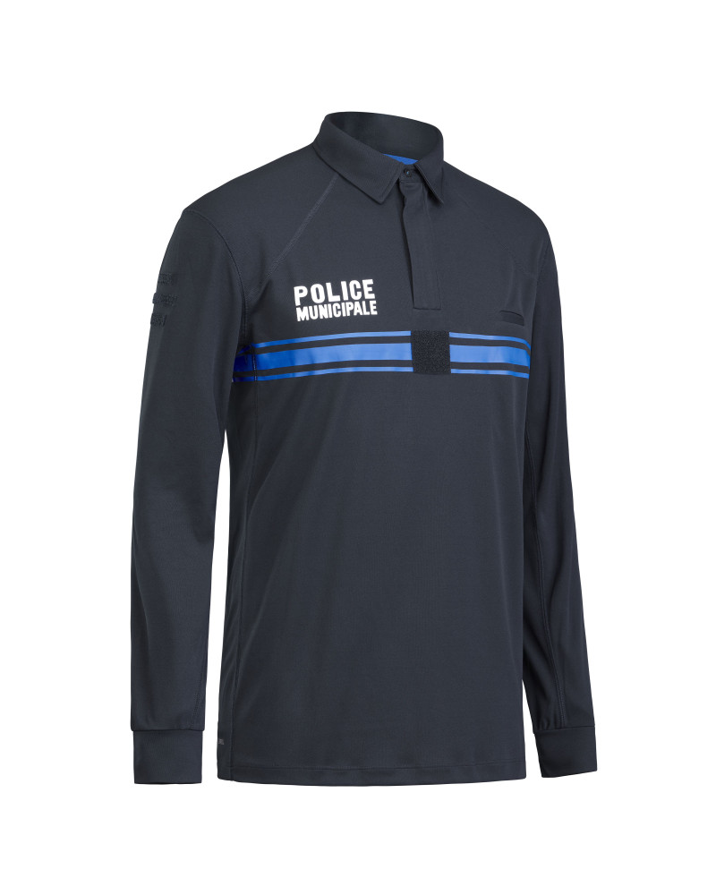 Polo manches longues bleu Police Municipale Dry-TEC® avec marquage et écussons officiels Polo manches longues bleu Police Municipale Dry-TEC® avec marquage et écussons officiels