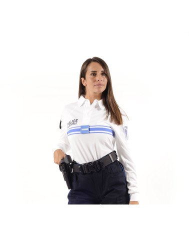 Polo blanc manches longues Police Municipale Dry-TEC® avec bandes bleues et écussons officiels