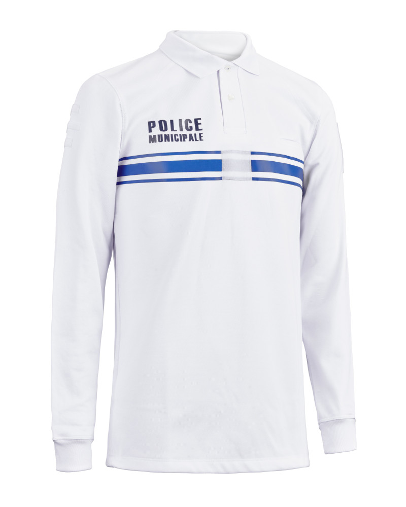 Polo blanc manches longues Police Municipale avec bandes bleues gitane et marquage officiel Polo blanc manches longues Police Municipale avec bandes bleues gitane et marquage officiel