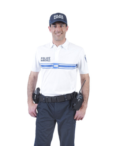 Polo blanc manches courtes Police Municipale en tissu Dry-TEC® avec marquage et bandes bleues gitane