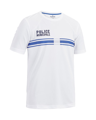 T-shirt blanc manches courtes Police Municipale en tissu Dry-TEC® avec marquage et bandes bleues gitane