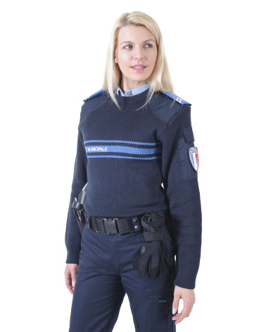 Pull col rond Equipol pour Police Municipale avec bandes bleues gitanes et renforts aux épaules