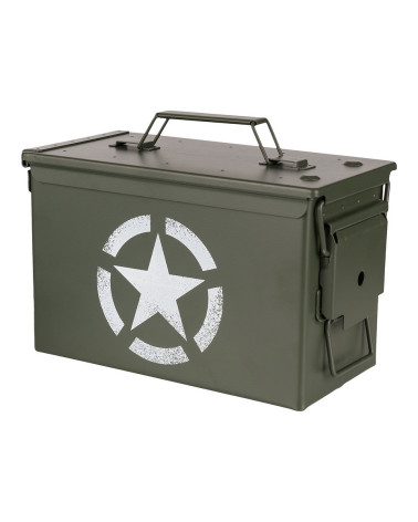 Boîte de munitions Cal.50 en métal vert avec logo US Army Star – Fosco