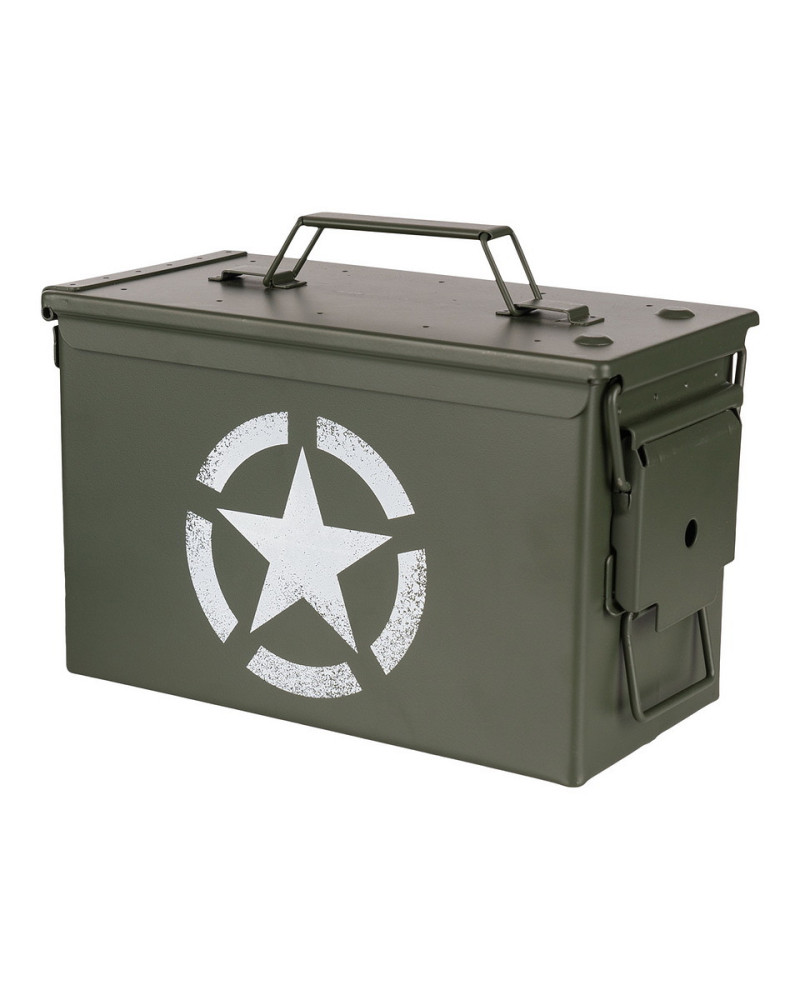 Boîte de munitions Cal.50 en métal vert avec logo US Army Star – Fosco Boîte de munitions Cal.50 en métal vert avec logo US Army Star – Fosco