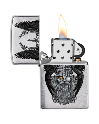 Briquet Zippo Odin – Chrome brossé avec illustration couleur du dieu nordique et ses corbeaux Briquet Zippo Odin – Chrome brossé avec illustration couleur du dieu nordique et ses corbeaux