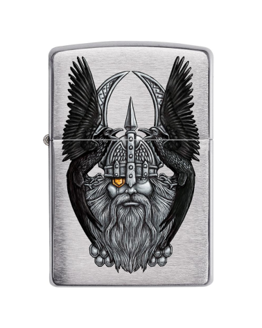 Briquet Zippo Odin – Chrome brossé avec illustration couleur du dieu nordique et ses corbeaux