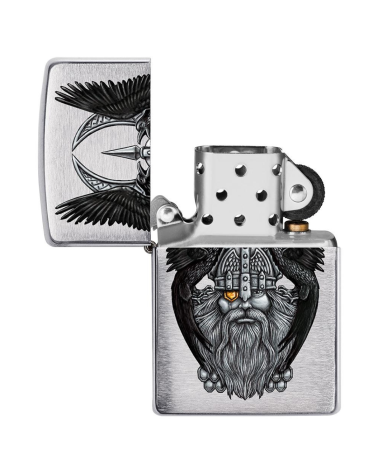 Briquet Zippo Odin – Chrome brossé avec illustration couleur du dieu nordique et ses corbeaux Briquet Zippo Odin – Chrome brossé avec illustration couleur du dieu nordique et ses corbeaux