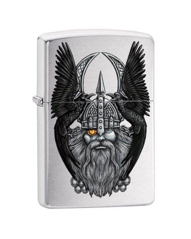 Briquet Zippo Odin – Chrome brossé avec illustration couleur du dieu nordique et ses corbeaux Briquet Zippo Odin – Chrome brossé avec illustration couleur du dieu nordique et ses corbeaux