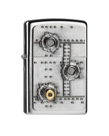 Briquet Zippo Bullet Holes 3D – Emblème relief sur finition chrome brossé, modèle coupe-vent garanti à vie
