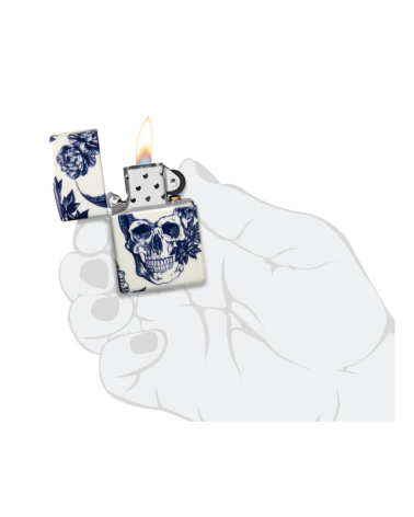 Zippo Floral Skull – Design tête de mort fleurie sur chrome brossé, rechargeable, fabrication USA