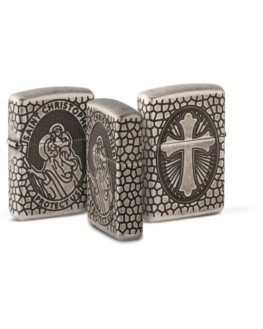 Briquet Zippo Armor® Saint Christophe – Gravure 3D 360° et finition Antique Silver