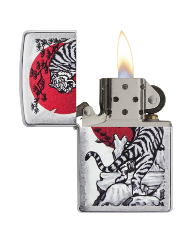 Zippo Japan Tiger – Briquet chrome avec design tigre japonais stylisé, rechargeable et garanti à vie