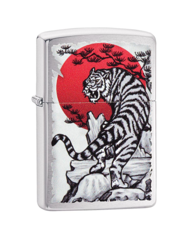 Zippo Japan Tiger – Briquet chrome avec design tigre japonais stylisé, rechargeable et garanti à vie