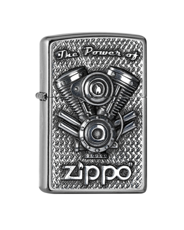 Zippo V Motor – Briquet Street Chrome avec emblème moteur en V