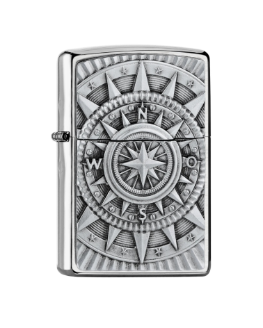 Briquet Zippo Compass Emblem – Boussole en relief sur finition chrome brossé, idéal pour les aventuriers.