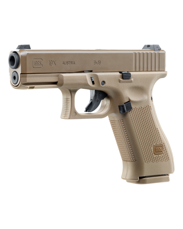 Réplique airsoft Glock 19X GBB – Coloris Coyote, blowback, culasse métal.