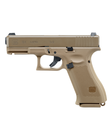 Réplique airsoft Glock 19X GBB – Coloris Coyote, blowback, culasse métal.