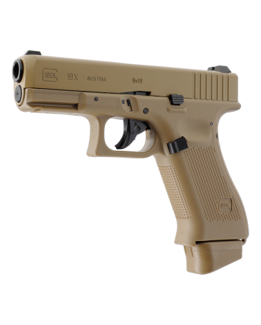 Réplique Glock 19X Airsoft CO2 – 6mm, blowback, culasse métal, coloris Coyote.