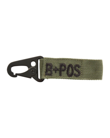 Porte-clé militaire A.R.E.S avec broderie B+ et mousqueton noir robuste.