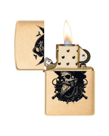 Briquet Zippo Pirate Skull Design finition Brushed Brass rechargeable et coupe-vent motif crâne de pirate Briquet Zippo Pirate Skull Design finition Brushed Brass rechargeable et coupe-vent motif crâne de pirate