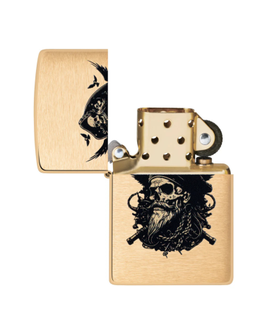 Briquet Zippo Pirate Skull Design finition Brushed Brass rechargeable et coupe-vent motif crâne de pirate