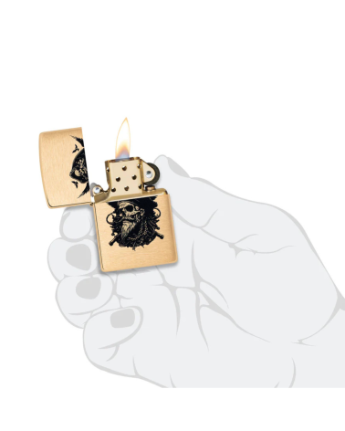 Briquet Zippo Pirate Skull Design finition Brushed Brass rechargeable et coupe-vent motif crâne de pirate
