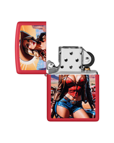 Briquet Zippo Pin-Up Cowgirl Design Red Matte rechargeable coupe-vent motif pin-up cowgirl sur fond désert Briquet Zippo Pin-Up Cowgirl Design Red Matte rechargeable coupe-vent motif pin-up cowgirl sur fond désert