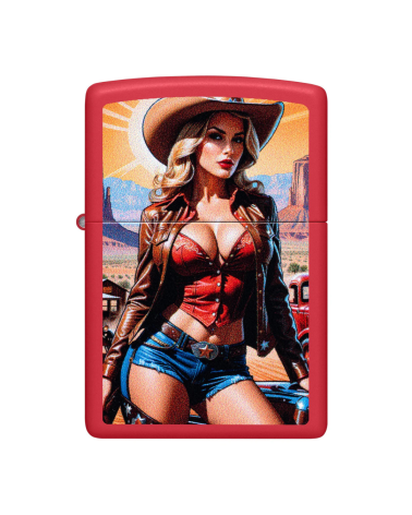 Briquet Zippo Pin-Up Cowgirl Design Red Matte rechargeable coupe-vent motif pin-up cowgirl sur fond désert Briquet Zippo Pin-Up Cowgirl Design Red Matte rechargeable coupe-vent motif pin-up cowgirl sur fond désert