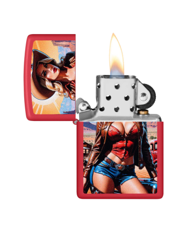 Briquet Zippo Pin-Up Cowgirl Design Red Matte rechargeable coupe-vent motif pin-up cowgirl sur fond désert Briquet Zippo Pin-Up Cowgirl Design Red Matte rechargeable coupe-vent motif pin-up cowgirl sur fond désert