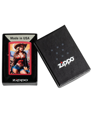 Briquet Zippo Pin-Up Cowgirl Design Red Matte rechargeable coupe-vent motif pin-up cowgirl sur fond désert Briquet Zippo Pin-Up Cowgirl Design Red Matte rechargeable coupe-vent motif pin-up cowgirl sur fond désert