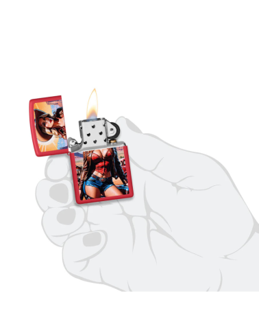 Briquet Zippo Pin-Up Cowgirl Design Red Matte rechargeable coupe-vent motif pin-up cowgirl sur fond désert Briquet Zippo Pin-Up Cowgirl Design Red Matte rechargeable coupe-vent motif pin-up cowgirl sur fond désert