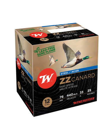 Boîte 25 cartouches ZZ Canard 12/76 33 g Winchester billes acier étamé jupe renforcée vitesse 440 m/s pour chasse au canard