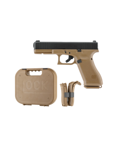 Glock 17 Gen5 6mm Gaz French Edition – cadre Coyote, culasse métal noire, chargeur 22 coups, livré en mallette d’origine Glock 17 Gen5 6mm Gaz French Edition – cadre Coyote, culasse métal noire, chargeur 22 coups, livré en mallette d’origine