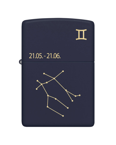 Briquet Zippo Zodiac Gémeaux bleu mat avec gravure laser de la constellation Briquet Zippo Zodiac Gémeaux bleu mat avec gravure laser de la constellation