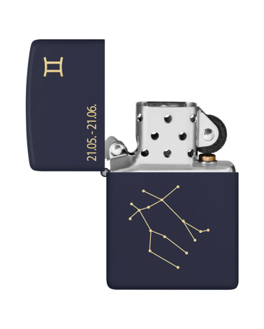 Briquet Zippo Zodiac Gémeaux bleu mat avec gravure laser de la constellation