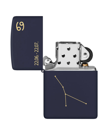 Briquet Zippo Zodiac Cancer bleu mat avec gravure de la constellation et du symbole astrologique